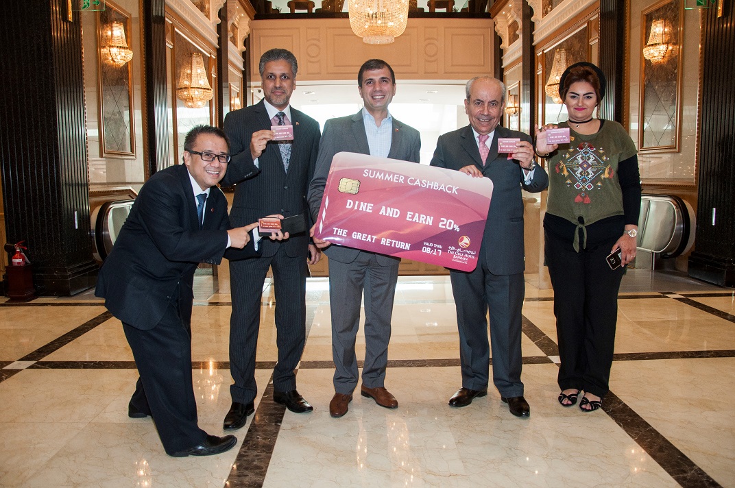 Ryan Advincula, Raed Mayoof, Charbel Hanna, Rahim Abu Omar and Sameera Al Hulaibi, launch of the summer cash back promotion, Gulf Hotel Bahrain 